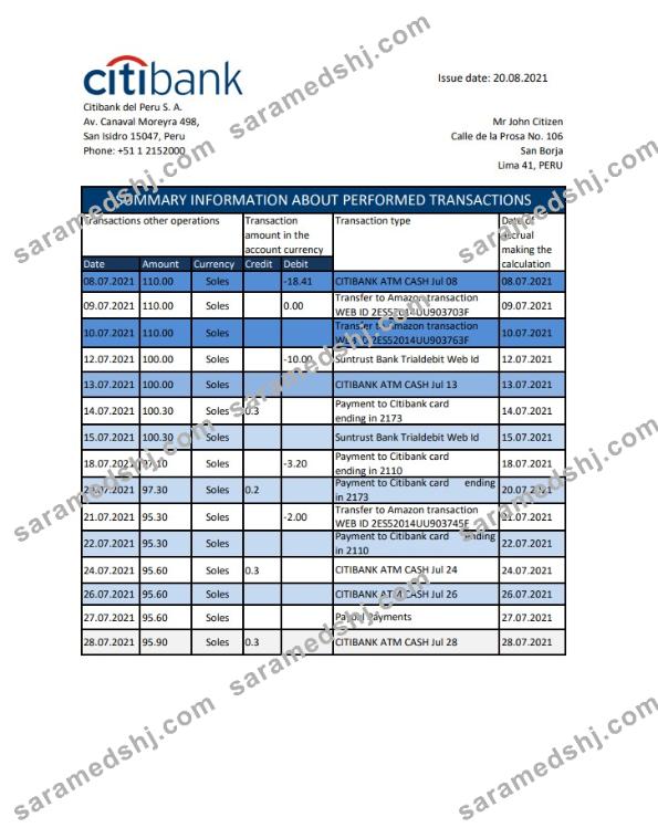 Peru Citibank bank statement easy to fill template in .xls and .pdf file format
